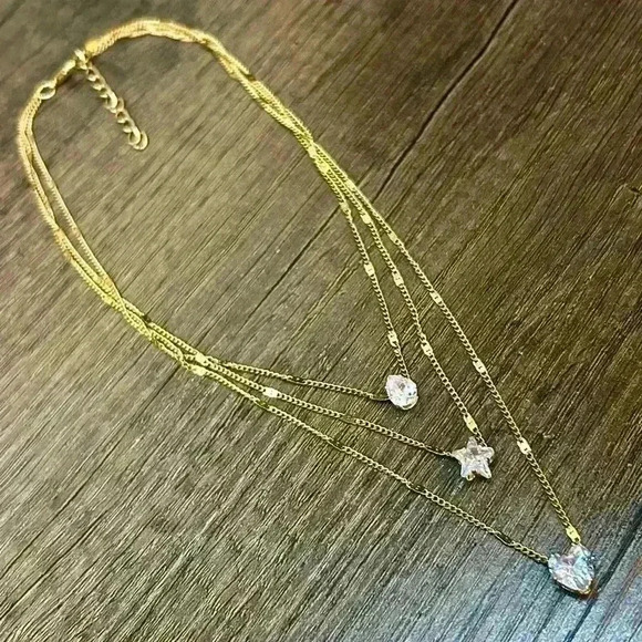 Gold Tone Three Strand Light Pink Rhinestone Gems Necklace - Picture 4 of 4